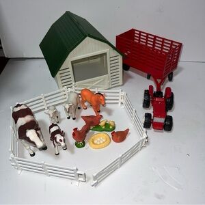 Farm Animal Playset with Red Tractor and Green Roof Barn New-Ray